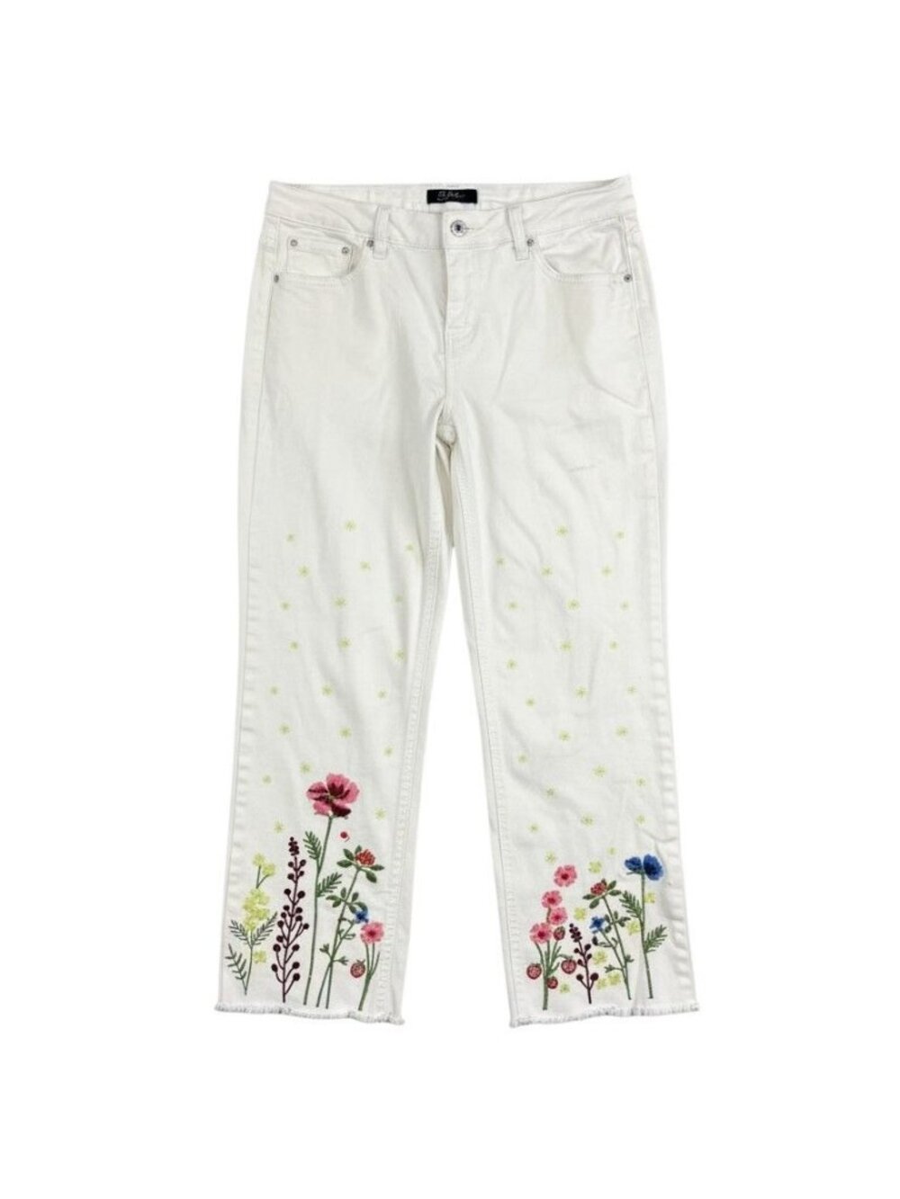 White Embroidered Floral Capri Jeans Frayed Hem By Earl Jeans Womens 12P